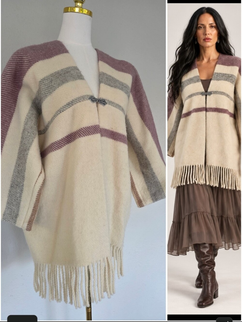 Vintage Norwegian Wool Fringe Striped Blanket Jacket 70s Boho L Myrjord Veveri